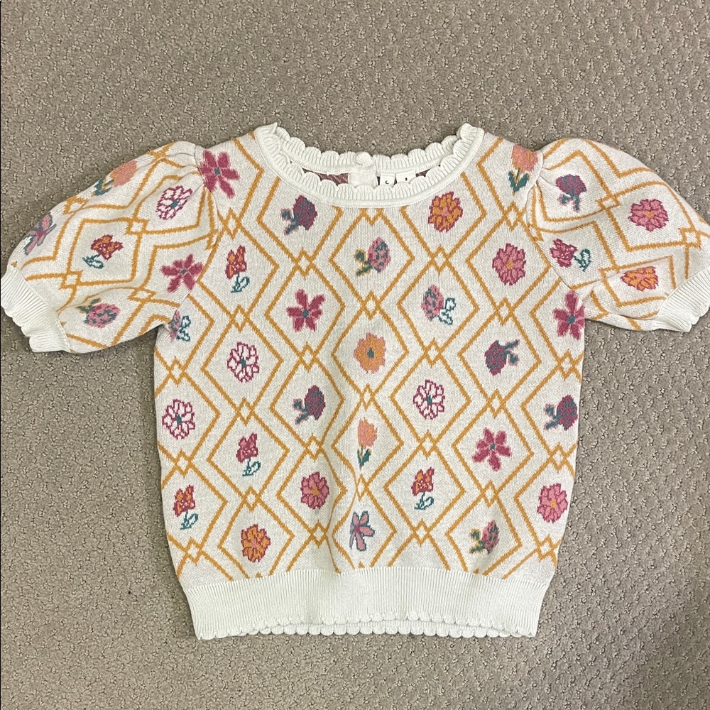 Janie and Jack White Knit Floral Diamond Puff-Sleeve Top